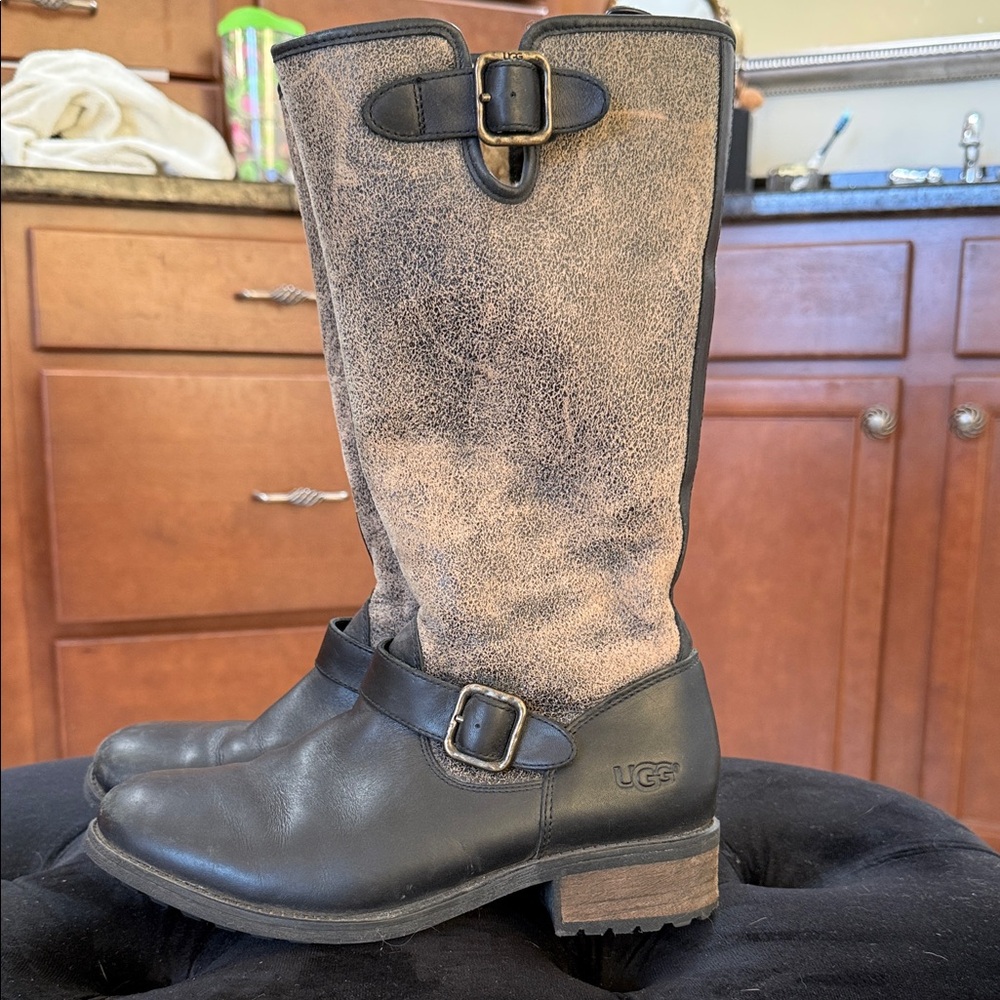 UGG Black and Tan Leather Buckle Boots